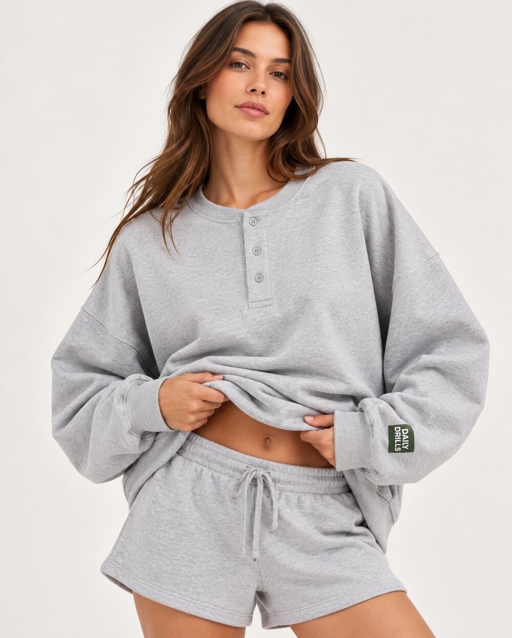 Daily Drills Oversized Fleece Henley Sweatshirt Heather Gray Womens XS/S NWT